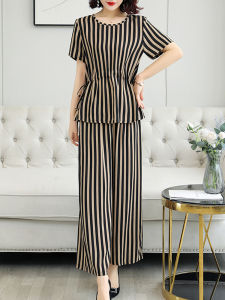 ชุดสองชิ้นผ้าลินินคอตตอนลินินสำหรับผู้หญิงวัยกลางคนและผู้สูงอายุ แขนสั้น ลำลอง ฤดูร้อน 2025 ชุดสองชิ้น