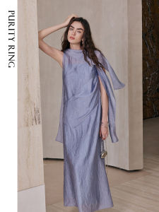 Pure Ring Ethereal Gown Shoulder Length Long Drifting Belt Lightweight Acetate Sleeveless Dress Soft Natural Waist Spring Summer