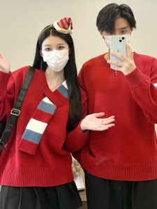 New Year Red Knitted Sweater Couple Matching V-Neck Autumn Winter Fashion Small Design Sense Scarf Cotton Blend Long Sleeve