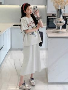 Bộ Đồ Bầu Không Tay Mùa Hè 2025 Bộ Đồ Hai Mảnh Cotton Pha Trộn Thường Ngày in Họa Tiết Mỹ Rộng Rãi Bộ Đồ Thể Thao