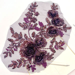 1PC Pink 3D Rose Sequin Flower Applique Beaded Embroidery Patch Mesh for DIY Sewing Wedding Gown Prom Dress Handicraft Supplies