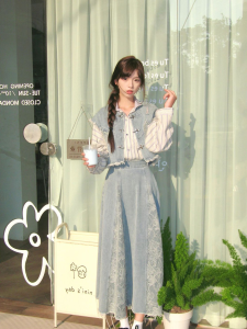 สไตล์จีนใหม่ ผู้หญิง ฤดูใบไม้ผลิ ชุดเสื้อ เดนิม ครึ่ง กระโปรง ลายทาง มีกระดุม เสื้อกั๊ก สามชิ้น ชุดสูท ชุดแฟชั่นหญิง