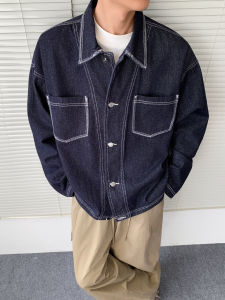 เสื้อแจ็คเก็ตสไตล์อเมริกันย้อนยุค ลำลอง ฤดูใบไม้ร่วง พรางหุ่น เดนิม สีสันสดใสสำหรับวัยรุ่น กางเกงยีนส์ เสื้อแจ็คเก็ต ผู้ชาย หลวม แบบเย็บต่อผ้า แขนยาว รุ่น Flip ปกเสื้อ