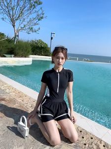 Korean Fashion Black Womens Swimsuit Breathable Wet Suit Sun Protection Swimsuit 1 Piece Set