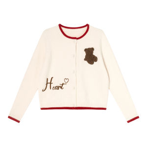 Cute Bear Contrasting Embroidery Round Collar Loose Fit Knit Cardigan