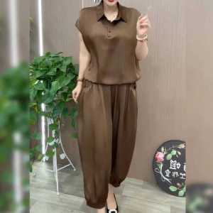 Summer Mom Wear Fashion Pure Color Casual Suit Womens Plus Size Loose Figure Flattering Short Sleeve Top Harem Pants Two-piece Set