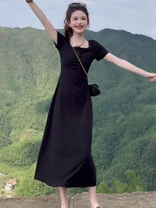 ชุดเดรสยาวทรงเอคอเหลี่ยมแขนสั้นสีดำสไตล์ฝรั่งเศส ทรงเข้ารูป ทรงหลวม สำหรับผู้หญิงในช่วงฤดูร้อน ชุดเดรสยาวเอวสูง