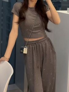 Fashionable Glittery Hot Girl Set Womens Summer Design Slimming Butt Lifting Wide Leg Pants T-Shirt Two Piece Set