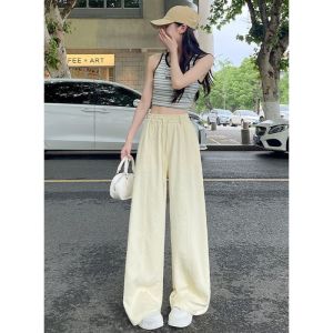 Seluar Kaki Lebar Pinggang Tinggi Wanita Musim Panas Nipis Berbalut Longgar Lurus Seluar Kasual Pelangsingan Serbaguna Seluar Panjang Sutera Ais