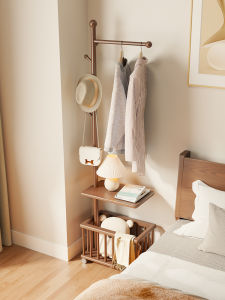 Solid Wood Bedroom Narrow Bedside Table Integrated Clothes Hanger Floor Standing Dirty Laundry Basket Indoor Clothes Drying Rack
