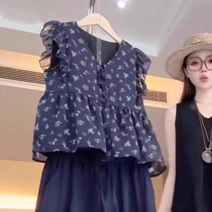 chaqi | French Vintage V-neck Floral Print Shirt Womens Summer New Style Elegant Doll Top Sleeveless Casual Comfortable Blouse