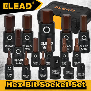 ELEAD 16-Piece SAE Hex Bit Impact Socket Set - Premium S2 Steel 5/64"-9/16" Allen Socket Set with Socket Adapters