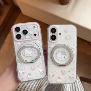 Sanrio | Sanrio Hello Kitty Phone Case With 360° Rotatable Magnetic Ring Stand For iPhone 14 15 16 17 Pro Max Shockproof Cover For Girls
