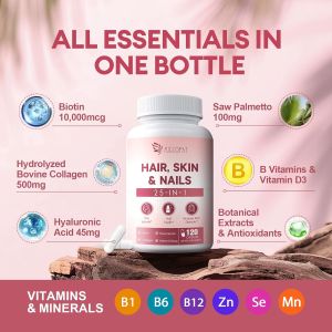 Hair Skin and Nails Vitamins with Biotin Collagen & Hyaluronic Acid Supports Healthy Hair Growth Strong Nails & Glowing Skin Biotin Supplement with Vitamins A C D3 E B Complex & Minerals