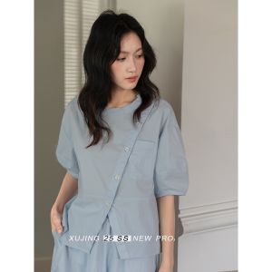 Blue Slim Fit round Neck Short Sleeve Shirt Womens Summer New Unique Atmosphere Top Casual Loose Style Single Button Closure