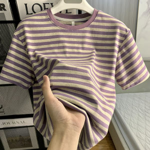 Áo Thun Nữ Tay Ngắn Dáng Rộng Cổ Tròn Mùa Hè Mới Màu Sọc Kẻ Tương Phản Thiết Kế Thanh Lịch Ôm Vừa Vặn Đa Năng Vai Áo