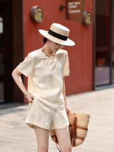 YUFUQING | New Chinese Style Retro Embroidered Short Sleeve Round Neck Top Set Womens High Waist Shorts Two Piece Set Thin Summer New Arrival