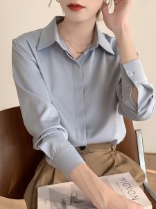Grey-Blue Silk Womans Long-Sleeve Shirt for Spring/Autumn Elegant Professional Business Casual Vest with POLO Collar