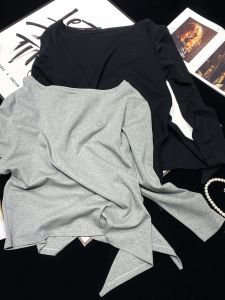 Casual Embroidered Long Sleeve T-Shirt Shoulder Bared Design Loose Fit Side Knot Detail Daily Wear Spring Season Ladies Top