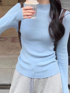 chaqi | Soft Knitted Milk Blue Sweater Half High Collar Womens Autumn Winter Style Slim Fit Versatile Top For Plus Size Girls