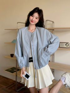 Blue Sweet Anti-Aging High-End round Neck Jacket Womens Spring New Small Casual Slim Short Coat Zipper Regular Sleeve Length