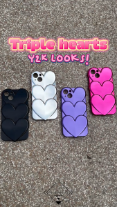 TRIPLE HEARTS Case For IPHONE 11 12 13 14 15 PLUS PRO MAX Casing Unik Silver Mengkilap Glossy Matte Doff Motif Pattern Full Protection