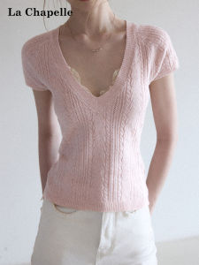 La Chapelle | Lace Spliced V-Neck Body Shaping Short Sleeve Knitted T-Shirt