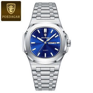 POEDAGAR Original Fashion Mens Watches Waterproof Luminous Date Week Men Watch Stainless Steel Business Luxury Quartz Man Watch