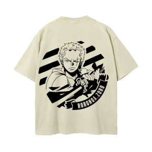 Bandai | One Piece Mens and Womens Washed T-Shirt Roronoa Zoro Clothing Summer and Spring Anime Niche Tee Retro Distressed Short Sleeve