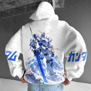 Bandai | Men Women GUNDAM Anime White Hoodie Blue Robot Graphic Streetwear Casual Loose Fit Autumn Winter Running Fitness Sweatshirt
