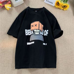 Heavy Weight Pure Cotton Men Short Sleeve T-shirt Summer Fun Cartoon American Retro Fashion Brand Printing Loose Half-Sleeved T-shirt