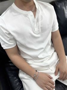 Heavyweight Cotton Henry Collar Polo Shirt Short Sleeve Mens Fitness Sporty Summer High-End Feel T-Shirt Standard Fit Youth Trendy