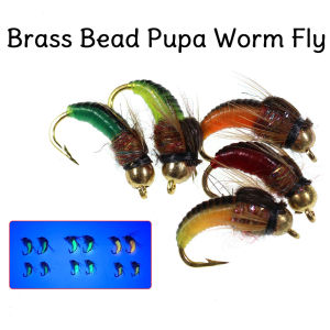 6PCS #12#14 Fast Sinking Brass Bead Head Latex Realistic Nymph Pupa Worm Flies Artificial Insect Fly Fishing Lure Bait