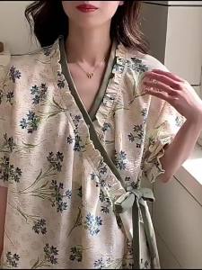 miiow | Womens Ice Silk Kimono Summer Lightweight Breathable Country Style Sleepwear Home Clothes Floral Pattern Polyester Fiber
