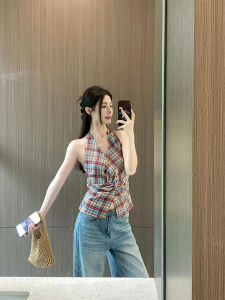 เสื้อกั๊กคอวีลายสก็อตสีแดงสไตล์ไทย ผู้หญิง หวานและเผ็ดร้อน ปมไม่สม่ำเสมอ ใส่กลางแจ้ง ฤดูร้อน ดopaamine เสื้อตัวบน