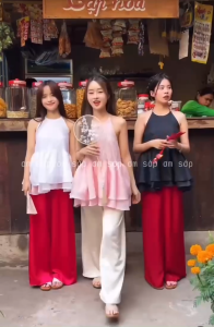 Hồng/ Trắng/ Đen Vải xốp Hàn hoa nổi phối tơ Áo peplum cổ yếm 2 tầng dáng xoè hở lưng bo chun cột nơ siêu xinh KIM SA