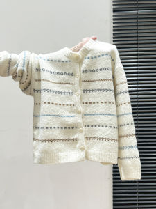 เสื้อคาร์ดิแกนถักแขนยาวคอตั้งลายทางสีขาวสำหรับผู้หญิง ฤดูใบไม้ร่วง/ฤดูหนาว เสื้อคลุมกันหนาวแบบหนา ชั้นใน เสื้อเชิ้ต