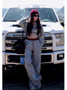 Fall 2024 Fashionable Letter Print Long Sleeve Sweatshirt High Waist Wide Leg Casual Pants Two Piece Set Color Block Design