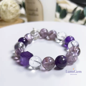 LumiGem Violet Crystal Bracelet – Amethyst Purple Phantom Quartz Clear Quartz & Sugar Cube