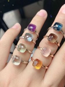 Small Fat Jewelry Unique Lathe Square Natural Gemstone Sugar Sugar Ring Women Citrine Pink Crystal Amethyst Ring