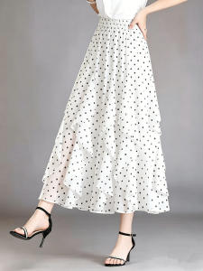 TIANQIANHUI | Polka Dot Hemstitched A-Line Skirt Long