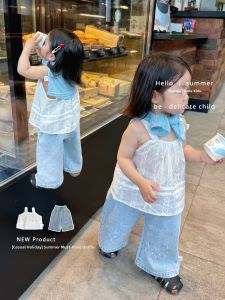 Cotton Breathable Baby Girls Lace Tank Top & Jeans Set