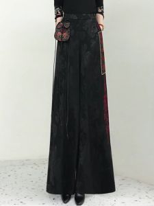 New 2025 Autumn Chinese Style Wide Leg Pants Embroidered Casual Trousers Floral Embossing Long Pants for Women Asymmetrical