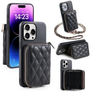 New Trend Lamb Pattern PU LeatherPhone Case for iPhone 16 1112 13 14 15 Series Fashion Long Hanging Chain Lane lattice Card Pack