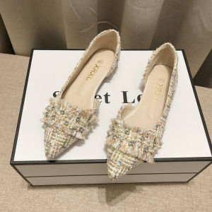 รองเท้าส้นแบนหัวแหลมสีพื้นสไตล์ฝรั่งเศสสำหรับผู้หญิง รองเท้าแตะแบบสวมสบาย สไตล์ฤดูใบไม้ผลิและฤดูร้อน รองเท้าส้นแบนแบบสวมสบาย