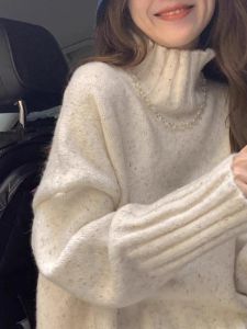 WANGGONGZHU | Womens Thickened Knitted Base Shirt Half-High Collar Loose Outerwear Autumn Winter Soft Lazy Sweater Princess Style Commute