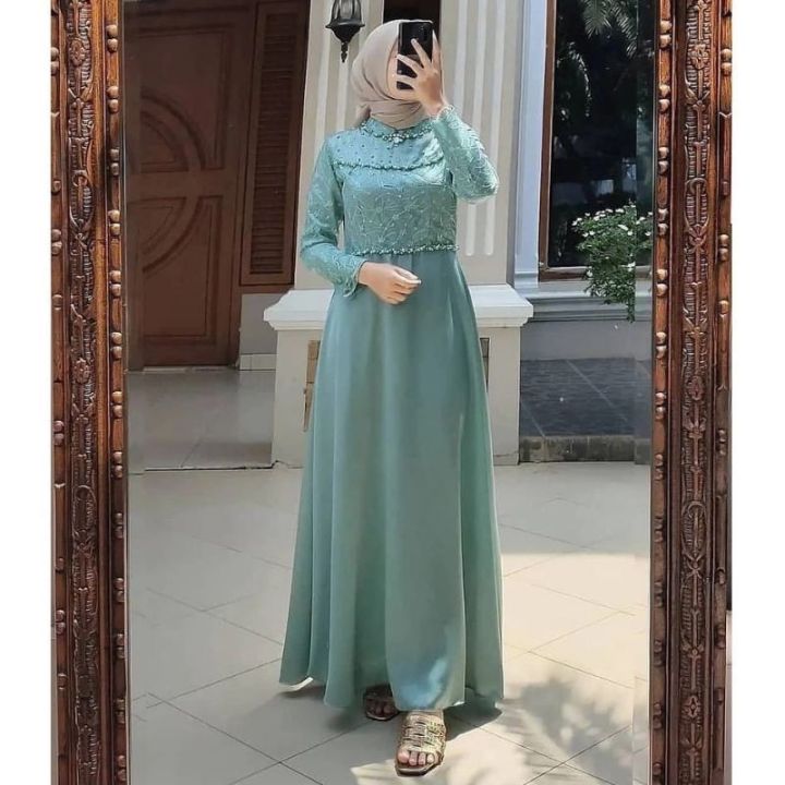 Thalita Dress Gamis Brokat Tile Kombinasi Satin Terbaru Modern Baju Kondangan Engagement Wisuda Simple Mewah Lazada Indonesia