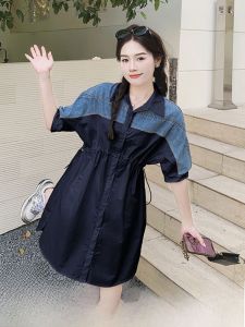 ชุดเดรสยีนส์ทรงเอเอวสูงสไตล์เกาหลีสำหรับผู้หญิงในช่วงฤดูร้อนปี 2023 แขนสั้น กระโปรงทรงเอ ผ้าฝ้ายผสมสแปนเด็กซ์