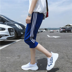 กางเกงกีฬาชายทรงสลิมฟิต 3 แถบ กางเกงขายาว 7 ฟุต กางเกงขายาวลำลอง ขอบสีขาว 3 แถบ กางเกงขายาวทรงตรง ฤดูร้อน