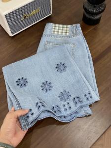 Quần Jeans Denim Rách Thêu Ôm Dáng Mỏng Mùa Hè Cho Nữ Cỡ Lớn Quần Ống Rộng Thẳng Nine-Tenths Quần Dài Thường Ngày